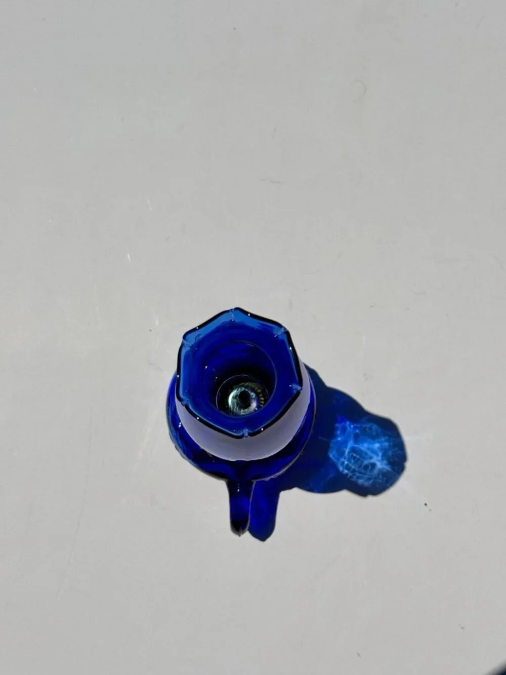 Vintage Cobalt Blue Glass Finger Oil Lamp Fruit Base & Ruffled Chimney Hong Kong